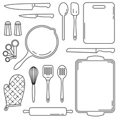 Kitchen tools, equipment for cooking and baking. Collection of vector line art illustrations of culinary accessories for kitchens & restaurants. Spoon, spatula, whisk, cookie sheet & other tools.