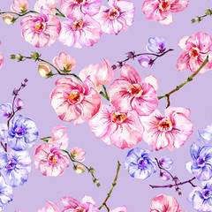 Blue and pink orchid flowers on light lilac background. Seamless floral pattern.  Watercolor painting. Hand drawn illustration.