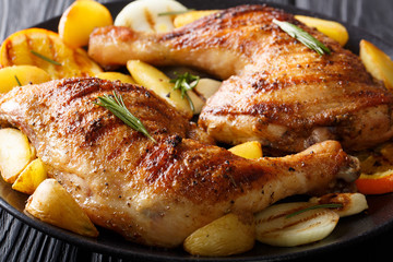 grilled chicken leg with oranges, onions and potatoes macro. horizontal