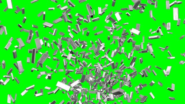 Animated a lot of shinning fine bars of silver flying or exploding toward camera against green background.