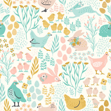 Vector Seamless Pattern With Bunnies And Chicken For Easter And Other Users.