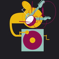 ROCK BAND GRAMOPHONE. rock and roll music.
Serie of funny illustrations with cool musicians and instruments.
