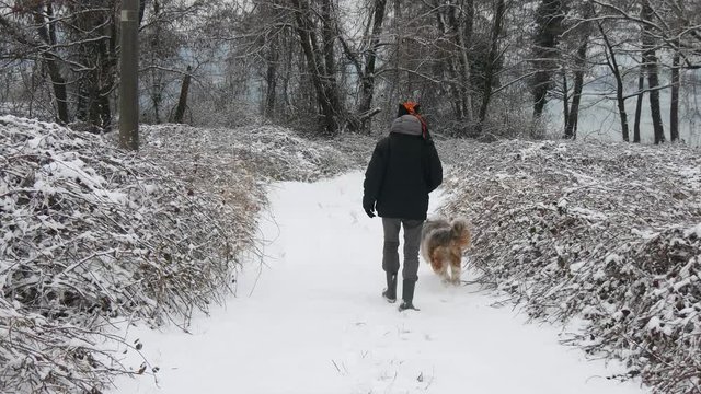 Un uomo passeggia con il cane in inverno