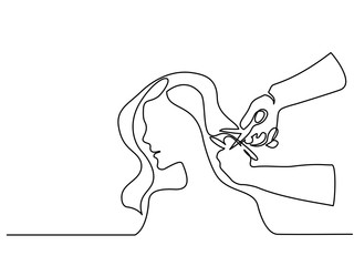Continuous line drawing. Beautiful woman cutting hair in beauty salon. Vector illustration.