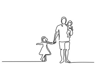Continuous line drawing vector illustration. Father with son daughter silhouette. Vector illustration