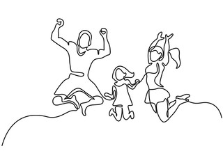 Continuous line drawing. Happy family jumping. Vector illustration