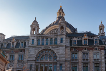 Fototapeta na wymiar Frontal view on Central station building in Antwerp, Belgium.