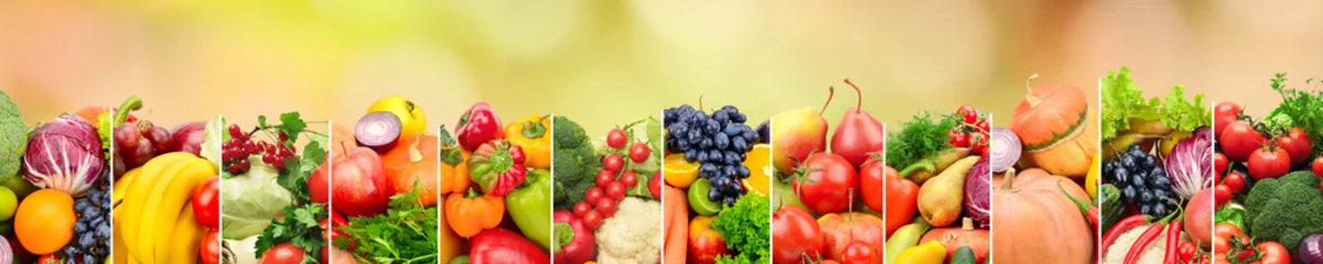 Zelfklevend Fotobehang Healthy vegetables and fruits on multicolored blurred background. © Serghei V