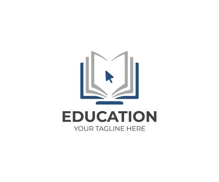 Online education logo template. Distance learning vector design. Computer monitor and open book illustration