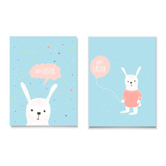 Easter banner background, template with cute banny, rabbit and text, hand drawn illustration.