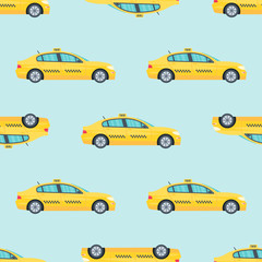 Seamless pattern with machine yellow cab on white background