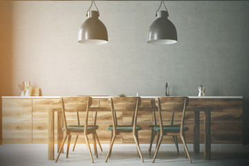 Wooden table with gray and wooden chairs, kitchen