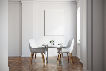 White dining room, wooden floor, poster