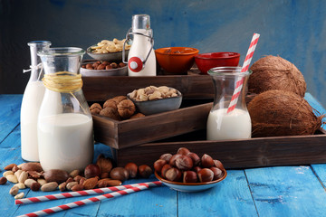 Alternative types of milks. Vegan substitute dairy milk with nuts