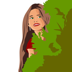 Vector illustration. In the picture, the girl plays hide and seek and peeks out from behind the tree