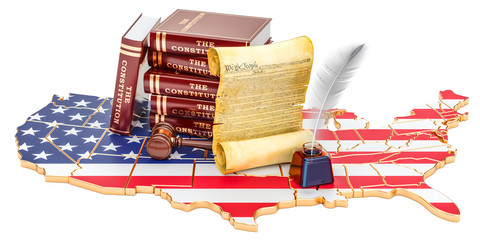 Constitution of the United States concept with map and flag, 3D rendering