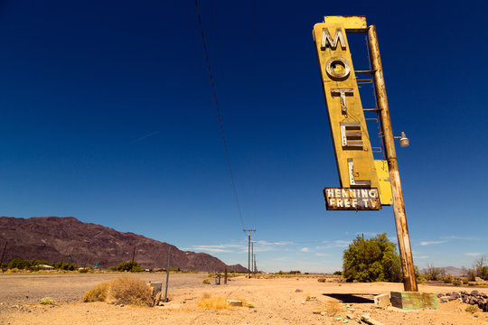 Motel sign on Route 66 in American desert land