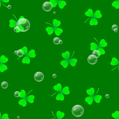 Seamless pattern green shamrock with gas bubbles. St.Patrick 's Day.