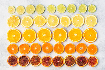 Citrus fruits rich in vitamin C, oranges, lemons, limes, satsumas arranged in the rows. Colorful background, top view