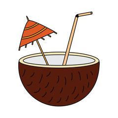 coconut half umbrella straw fruit icon image vector illustration design 