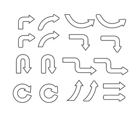 Set of curve outline arrows. Collection of pointers. Vector illustration