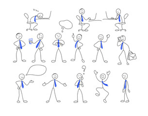 Collection of stick figures. Set of doodle style men in office. Vector illustration