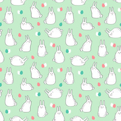 Vector seamless pattern with cute bunnies and easter eggs. Easter Day background.