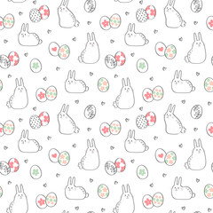 Vector seamless pattern with cute bunnies and easter eggs. Easter Day background.