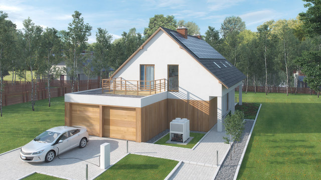 Modernes Energisparhaus mit E-Auto Garten zur Altersvorsorge