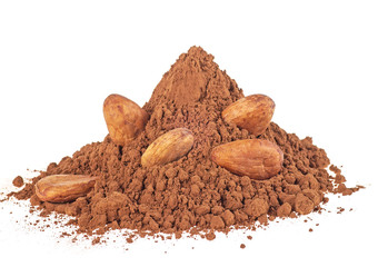 Cacao beans and powder isolated on white background
