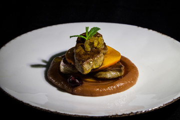  Kiev, Ukraine - February 26, 2018: Foie gras cooked in the restaurant 