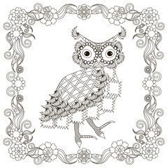 Zen tangle owl in flower frame monochrome sketch, coloring page antistress stock vector illustration for print, for coloring page