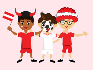 Fan of Austria national football, hockey, basketball team, sports. Boy with Austria flag in the colors of the national command with sports paraphernalia. Boy with Austria flag in the form of a sport.