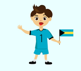 Fan of Bahamas national football, hockey, basketball team, sports. Boy with Bahamas flag in the colors of the national command with sports paraphernalia. Boy with Bahamas flag in the form of a sport.