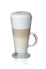 Glass cup of coffee latte on white
