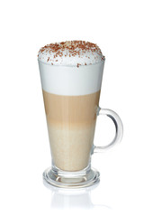 Glass cup of coffee latte on white