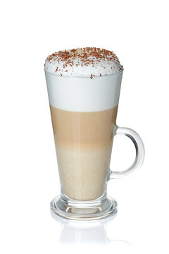 Glass cup of coffee latte on white