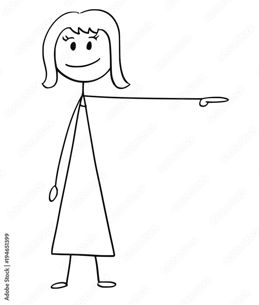 Sticker Cartoon stick man drawing conceptual illustration of businesswoman or woman pointing left.