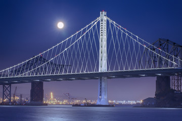 Bay Bridge At Night With Full Moon