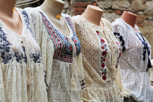 Europe, Romania. Brasov. Romanian embroidery, stitching and women's blouses.