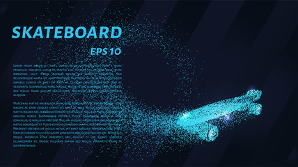 Skateboard of particles. Skateboard shatters into small circles and dots.