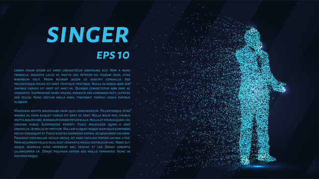The singer sings into the microphone. The singer is made up of particles