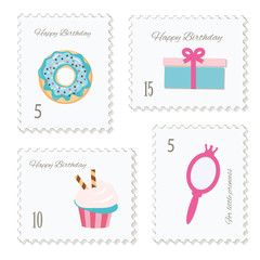 Cute postage stamps for birthday or scrapbook design. Decorative stickers for girls.