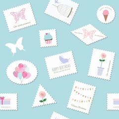 Birthday seamless pattern with cute postage stamps.