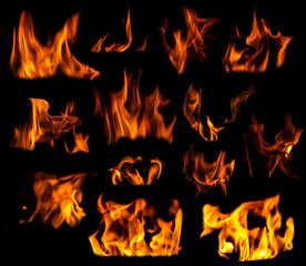 Set of fire flame isolated on a black background texture