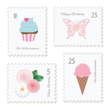Cute postage stamps for birthday or scrapbook design. Decorative stickers for girls.
