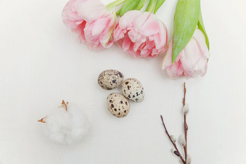 Spring greeting card. Easter eggs with pink tulips, cotton and willow branch on white wooden background. Easter concept. Flat lay. Spring flowers tulips