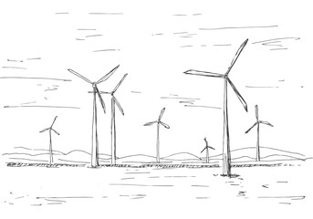 Hand drawn windmills on the background of mountains. Vector illustration of a sketch style - 194655365