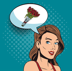 Woman thinking in flowers pop art vector illustration graphic design