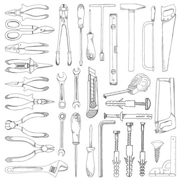 Set of tools, hardware. Different fastener isolated on white background. Hand drawn vector illustration of a sketch style.